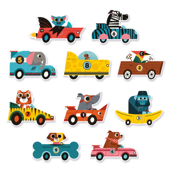 Djeco puzzel duo grappige racewagens met dieren