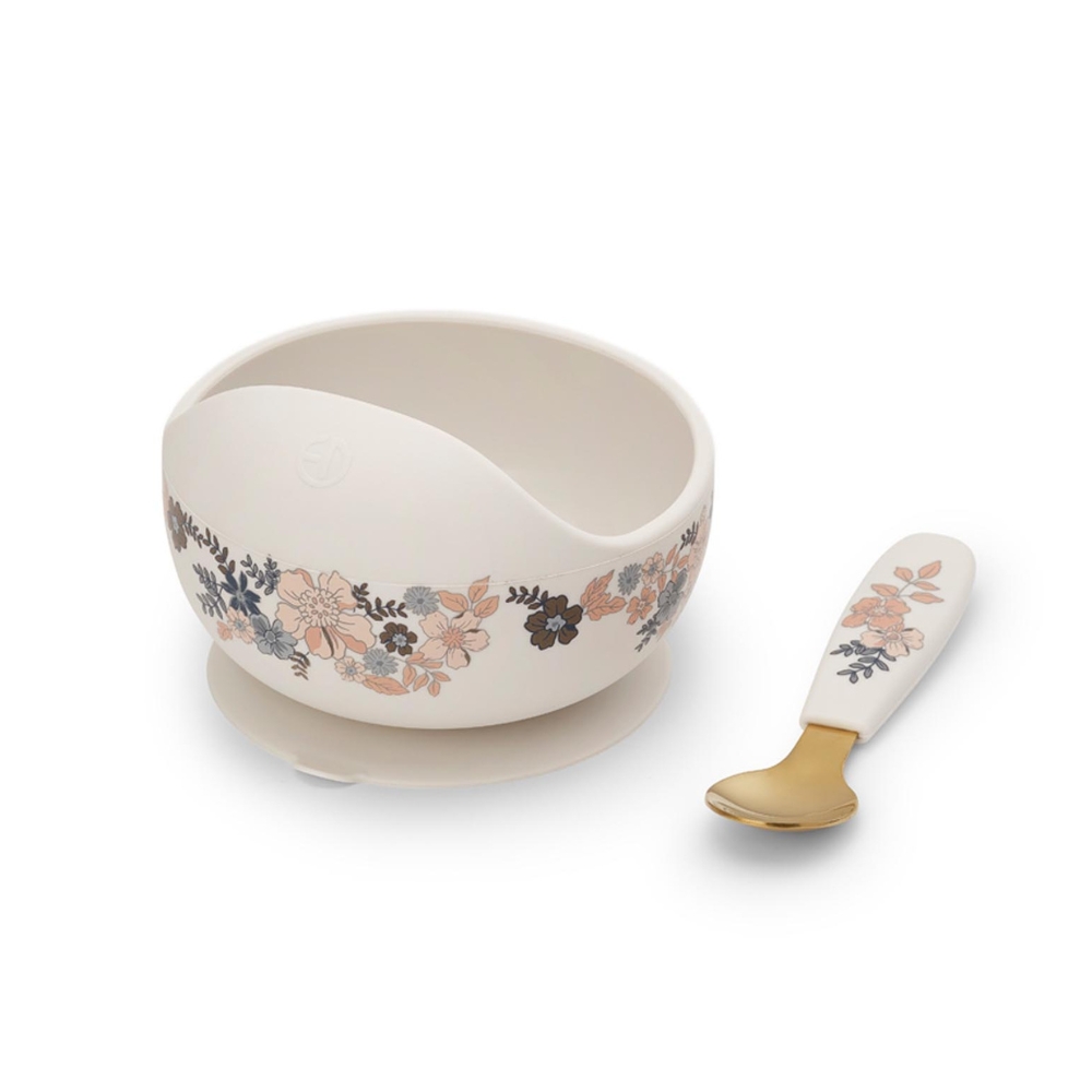 Elodie siliconen kommetje en lepel blue garden