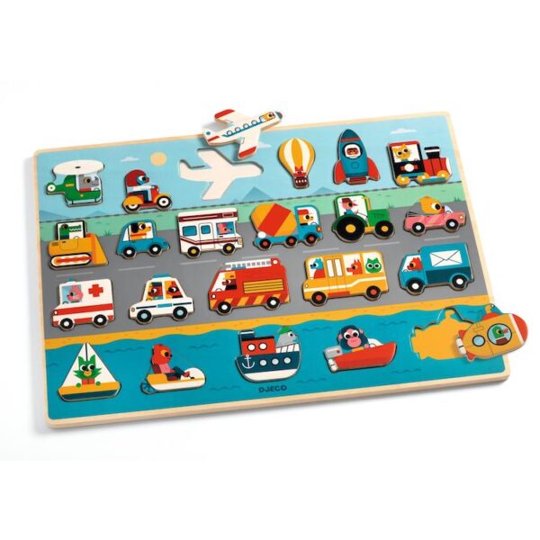 Houten puzzel van Djeco met 22 voertuigen