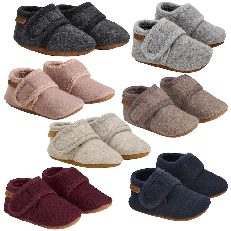 Enfant babyslofjes wol navy, sand, dark grey, walnut, bark, winetasting