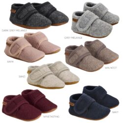 Enfant babyslofjes wol navy, sand, dark grey, walnut, bark, winetasting