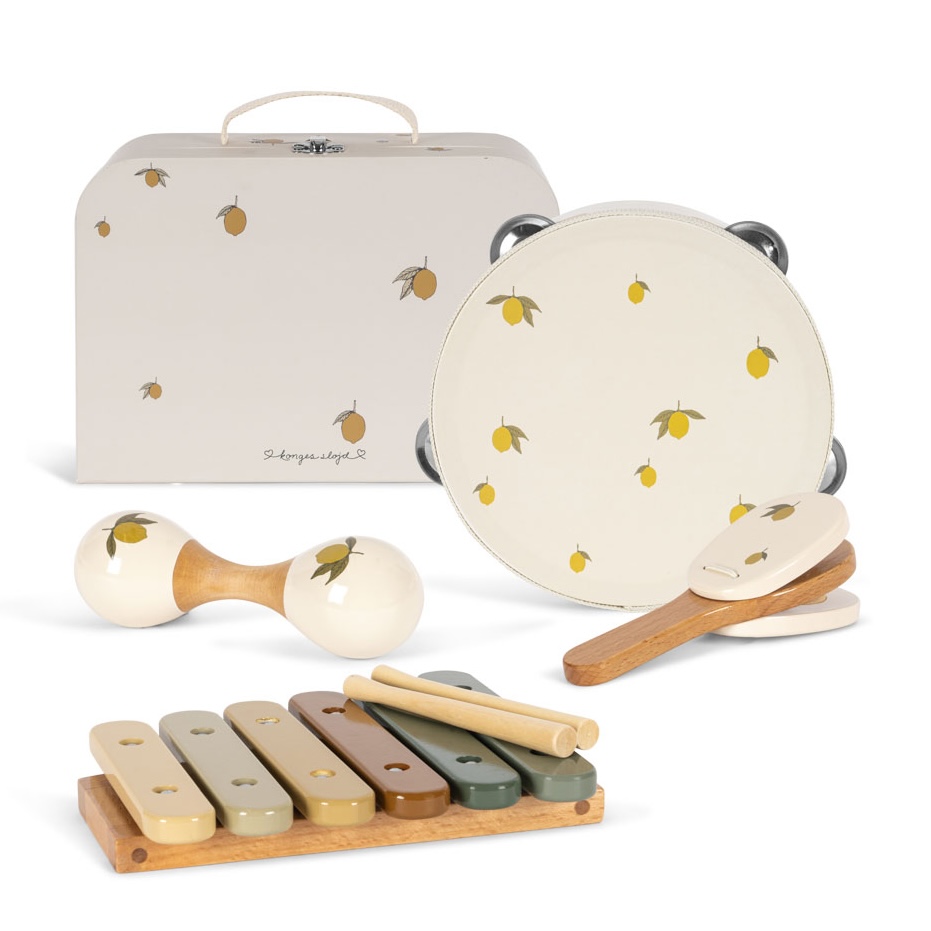 Konges Sløjd houten muziekinstrumenten in koffertje lemon
