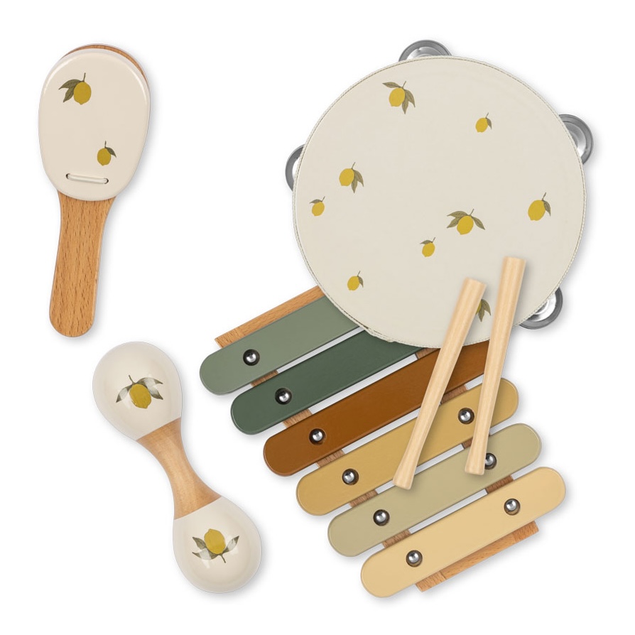 Konges Sløjd houten muziekinstrumenten in koffertje lemon
