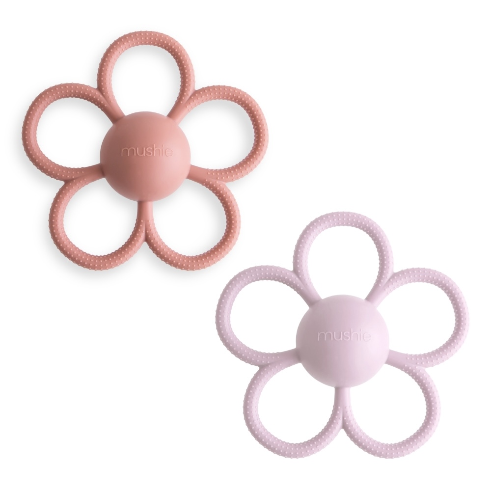 Mushie bijtring en rammelaar daisy bloem lilac en rose