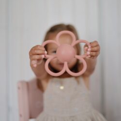 Mushie bijtring en rammelaar daisy bloem lilac en rose