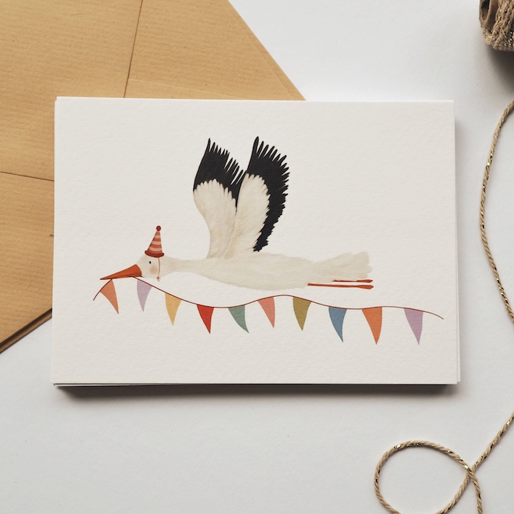 Ansichtkaart Ooievaar met vlaggetjes getekenddoorzusje