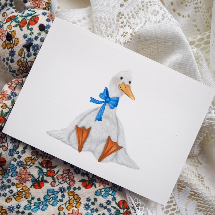 Ansichtkaart kleine gans blauw getekenddoorzusje